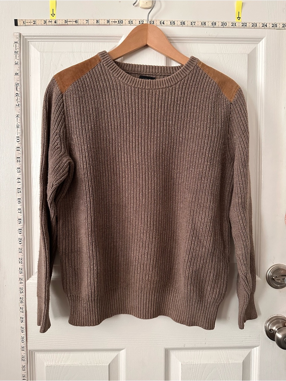 J. Crew Men's Ribbed Crewneck Sweater in Taupe with Tan Shoulder Patches